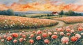 A picturesque landscape with vast fields of blooming pink and white flowers, likely poppies Royalty Free Stock Photo